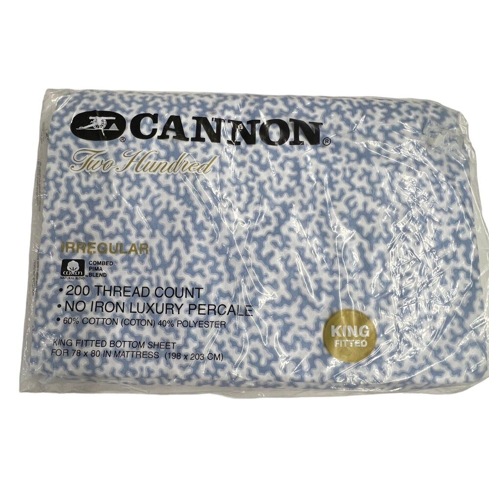 Vintage Cannon Two Hundred White‎ Blue Coral Print King Fitted Sheet 200 TC